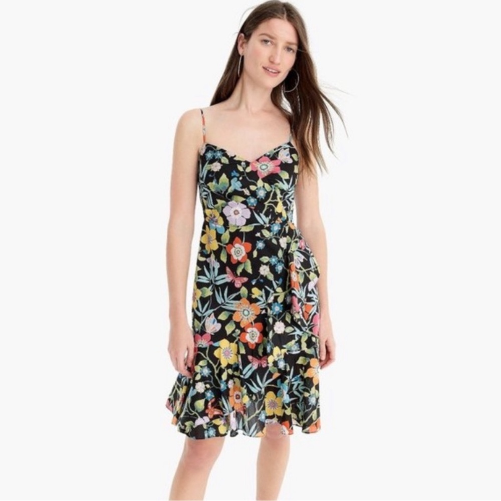 J Crew Liberty Pavilion Black Floral Ruffle Asymmetrical Tropical Midi Dress 12